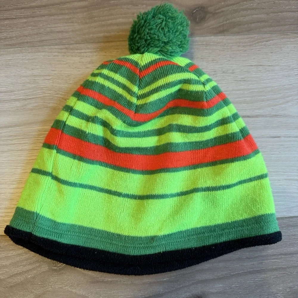 Adidas Green Striped Beanie with Embroidered Logo Pom One‎ Size